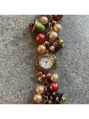 Jennie B Holiday Christmas Charm Watch Bells Holly Gold Tone Case & Band A17
